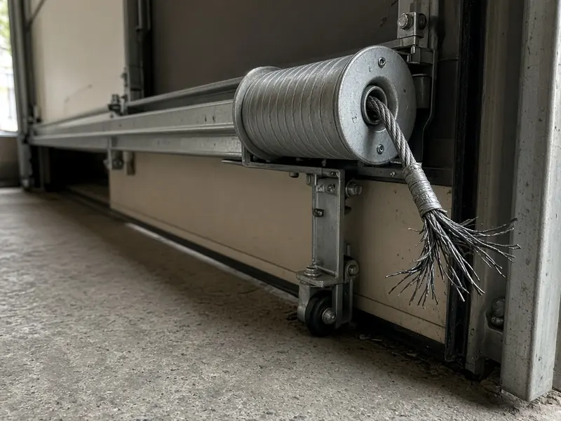 Frayed steel lifting cable at the cable drum on the bottom corner of a garage door