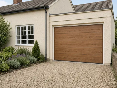 Woodgrain-effect sectional garage door on a rendered house