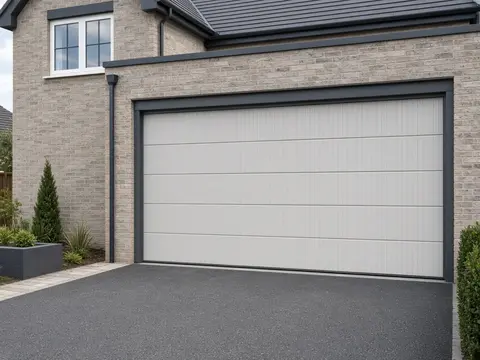 Light grey insulated sectional garage door on a new-build home