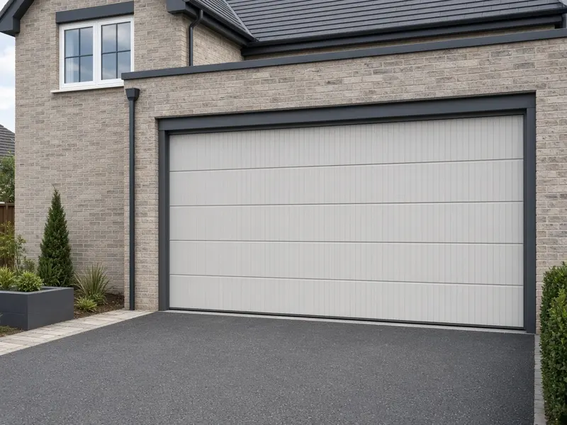 Light grey ribbed insulated sectional garage door on a modern brick home