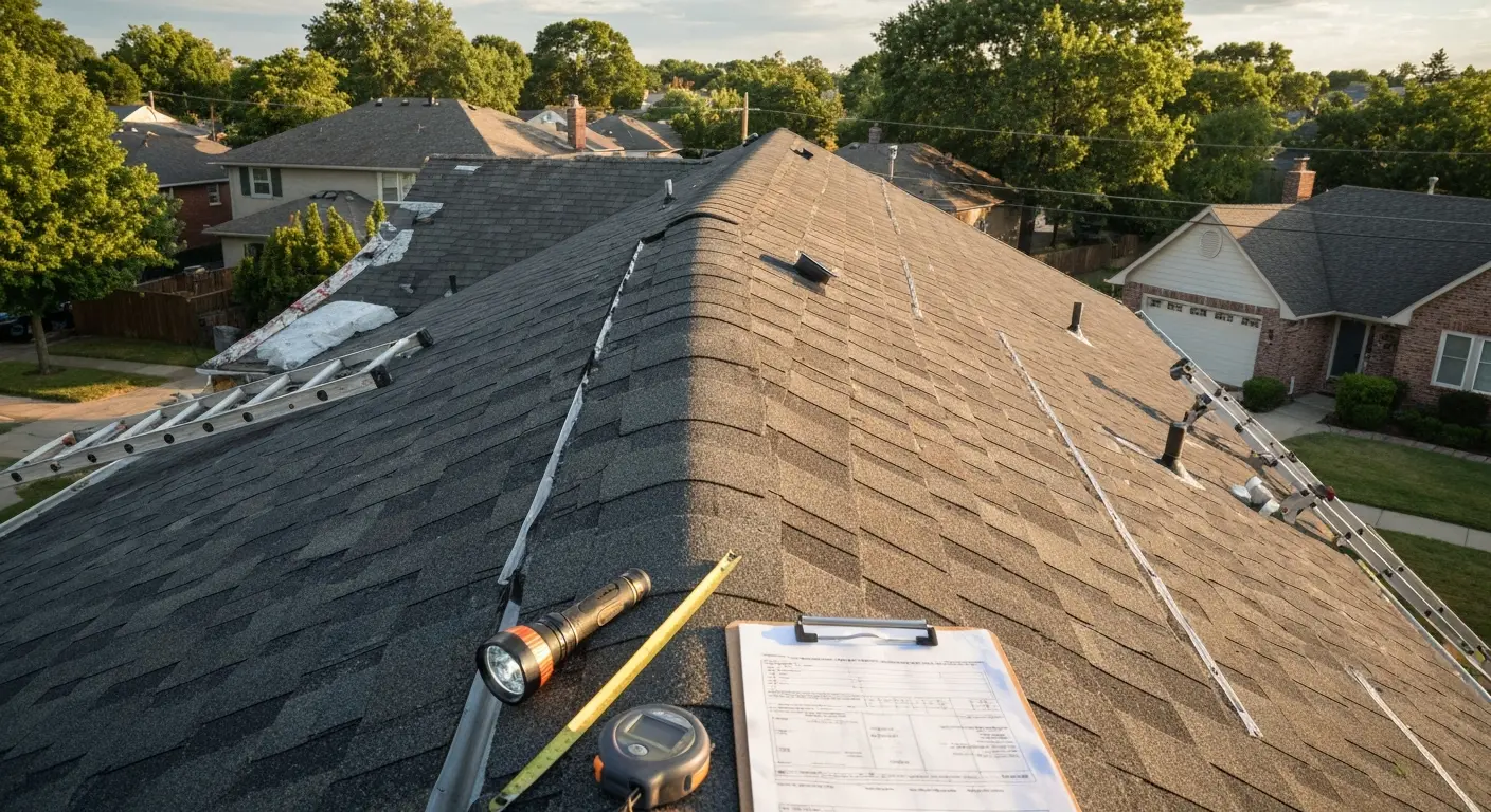 Professional roof inspection with ladder and documentation
