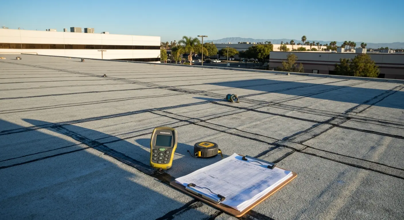 Commercial flat roof inspection in Corona