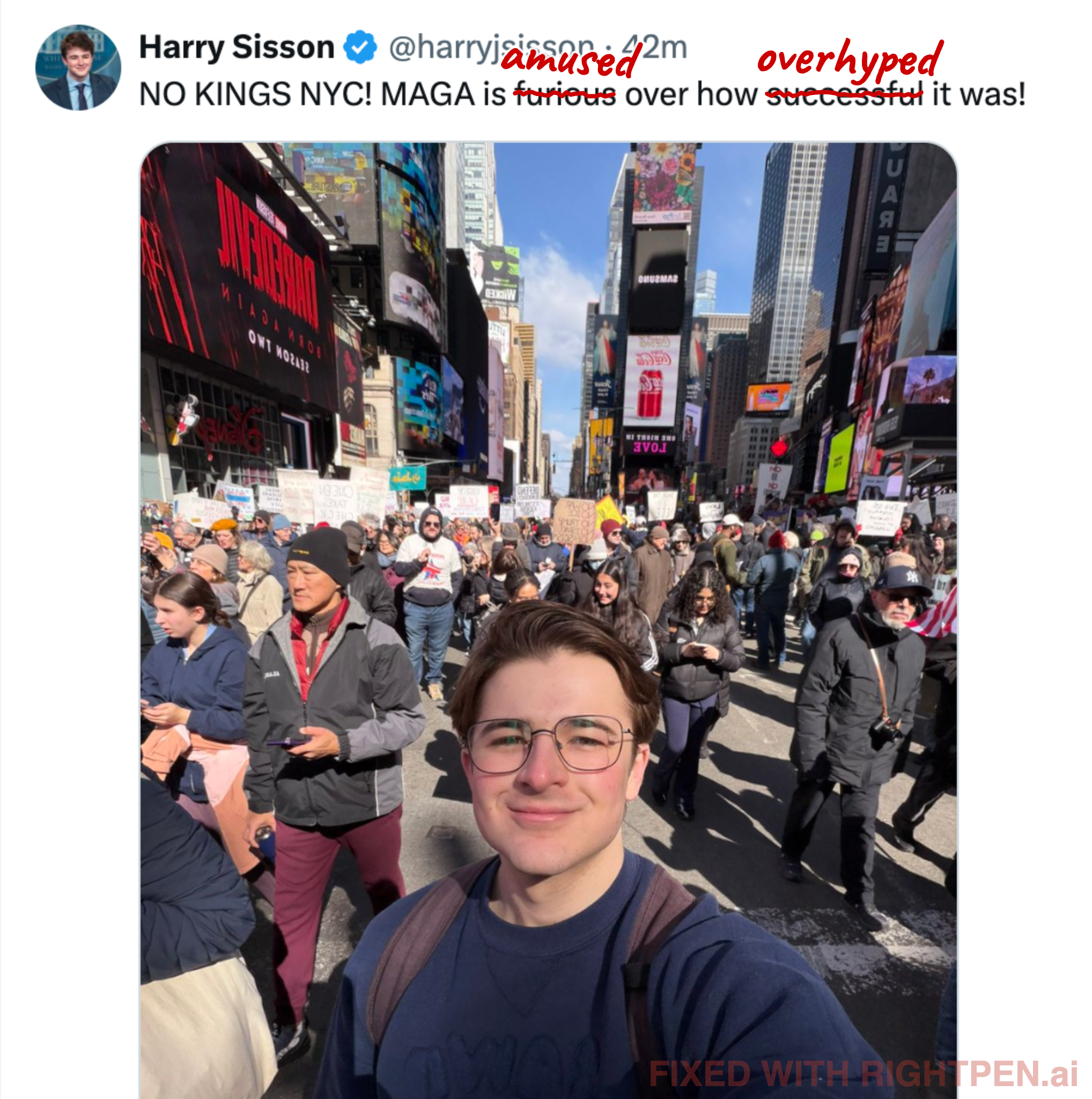 RightPen analysis of Harry Sisson NO KINGS NYC tweet