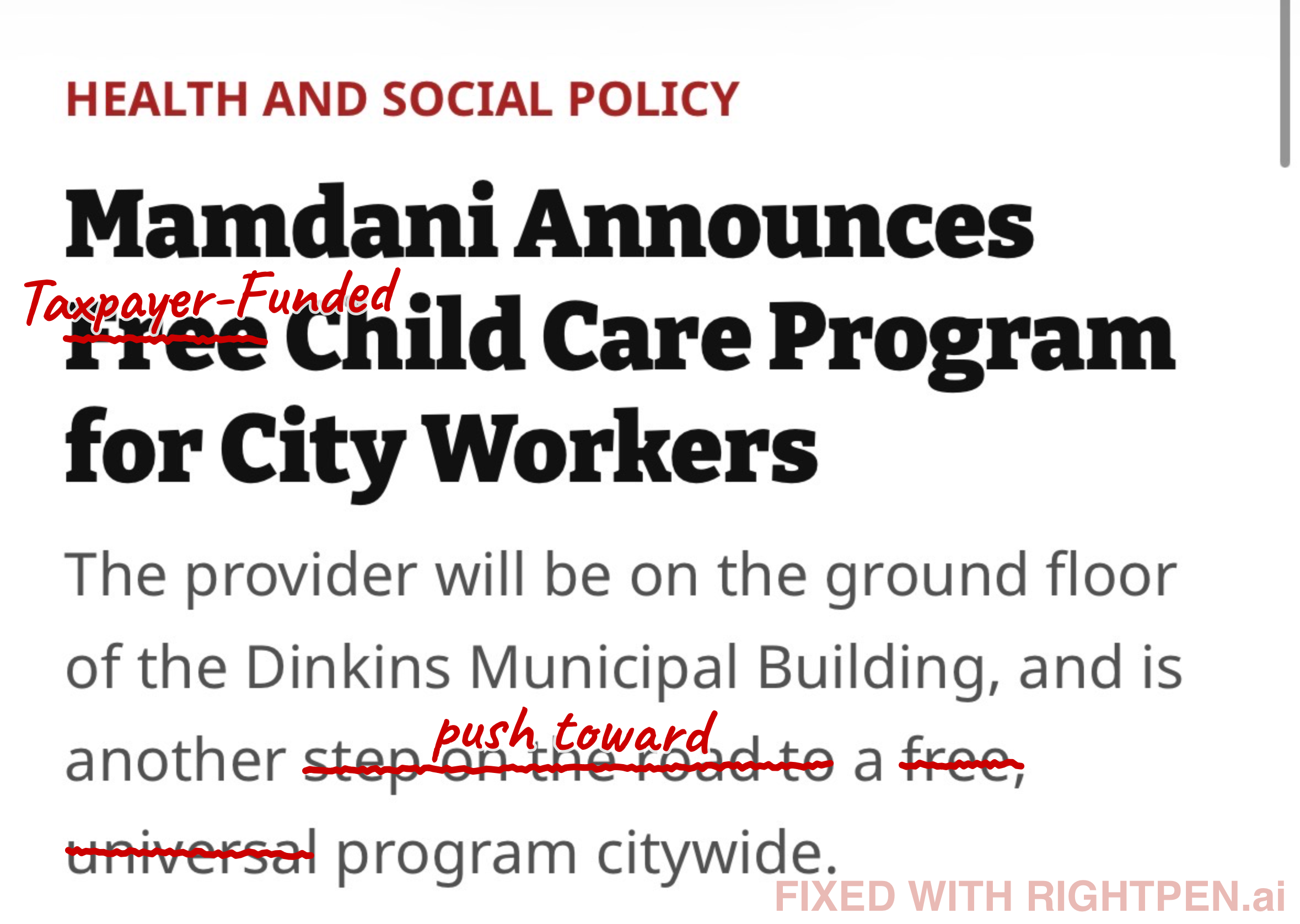 RightPen analysis of Mamdani free child care headline