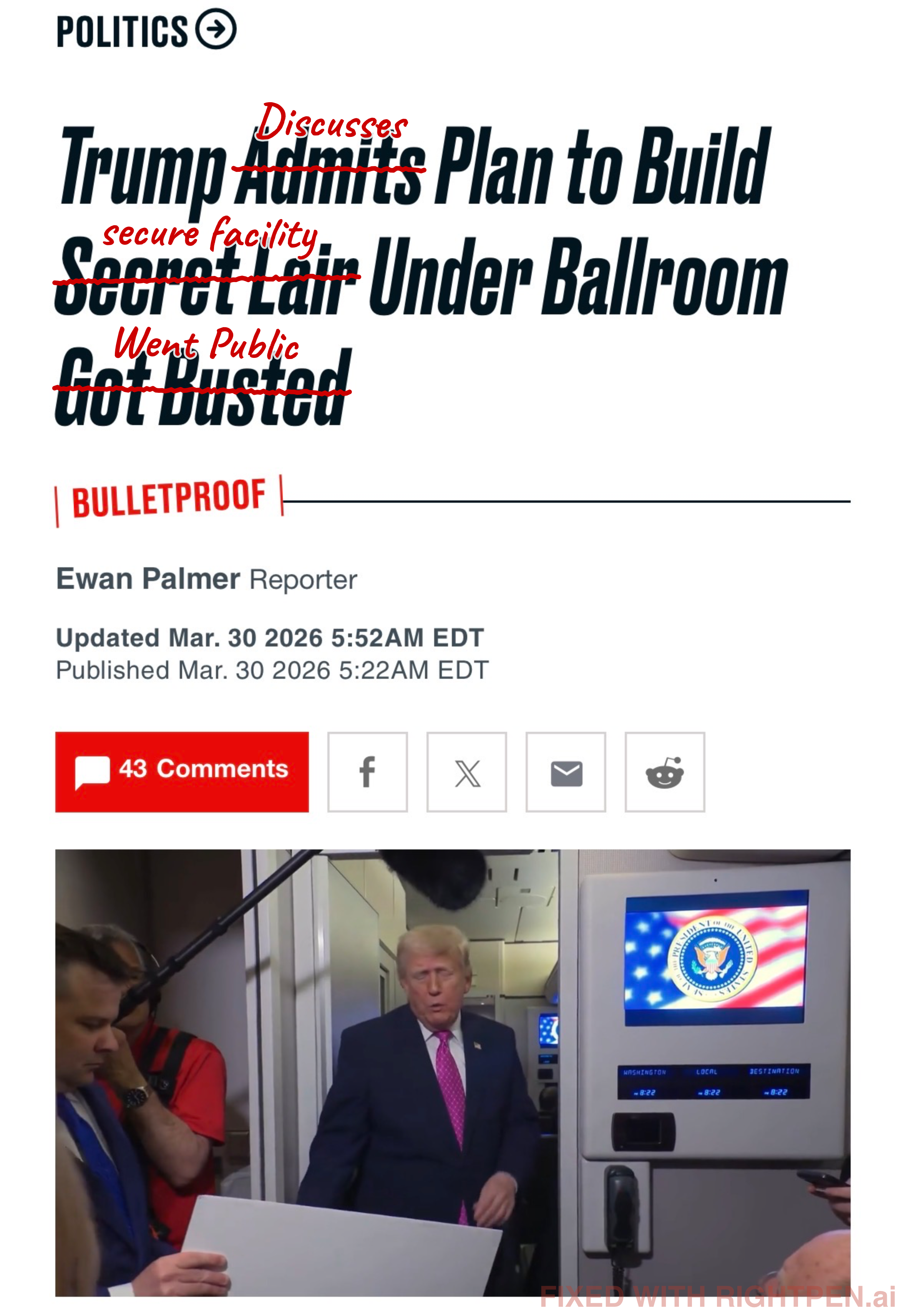RightPen marked up Newsweek Trump secret lair headline