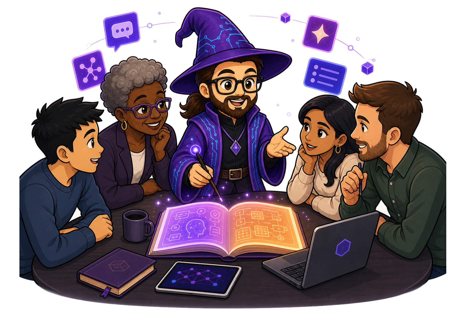 Wizard leading practical AI education and training with a diverse small team