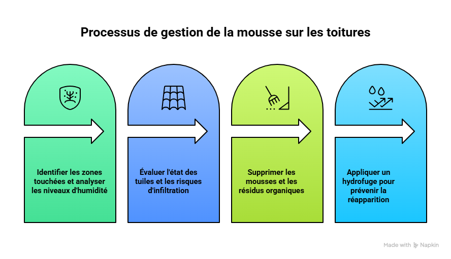 Toiture recouverte de mousse illustrant la dégradation des tuiles et le processus de nettoyage et traitement hydrofuge Toiture recouverte de mousse illustrant la dégradation des tuiles et le processus de nettoyage et traitement hydrofuge