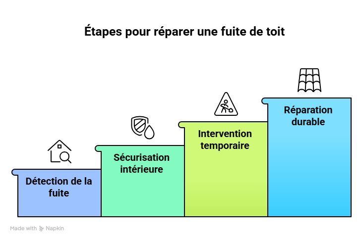 Toiture endommagée avec infiltration d’eau visible à l’intérieur d’une maison et intervention d’urgence d’un professionnel