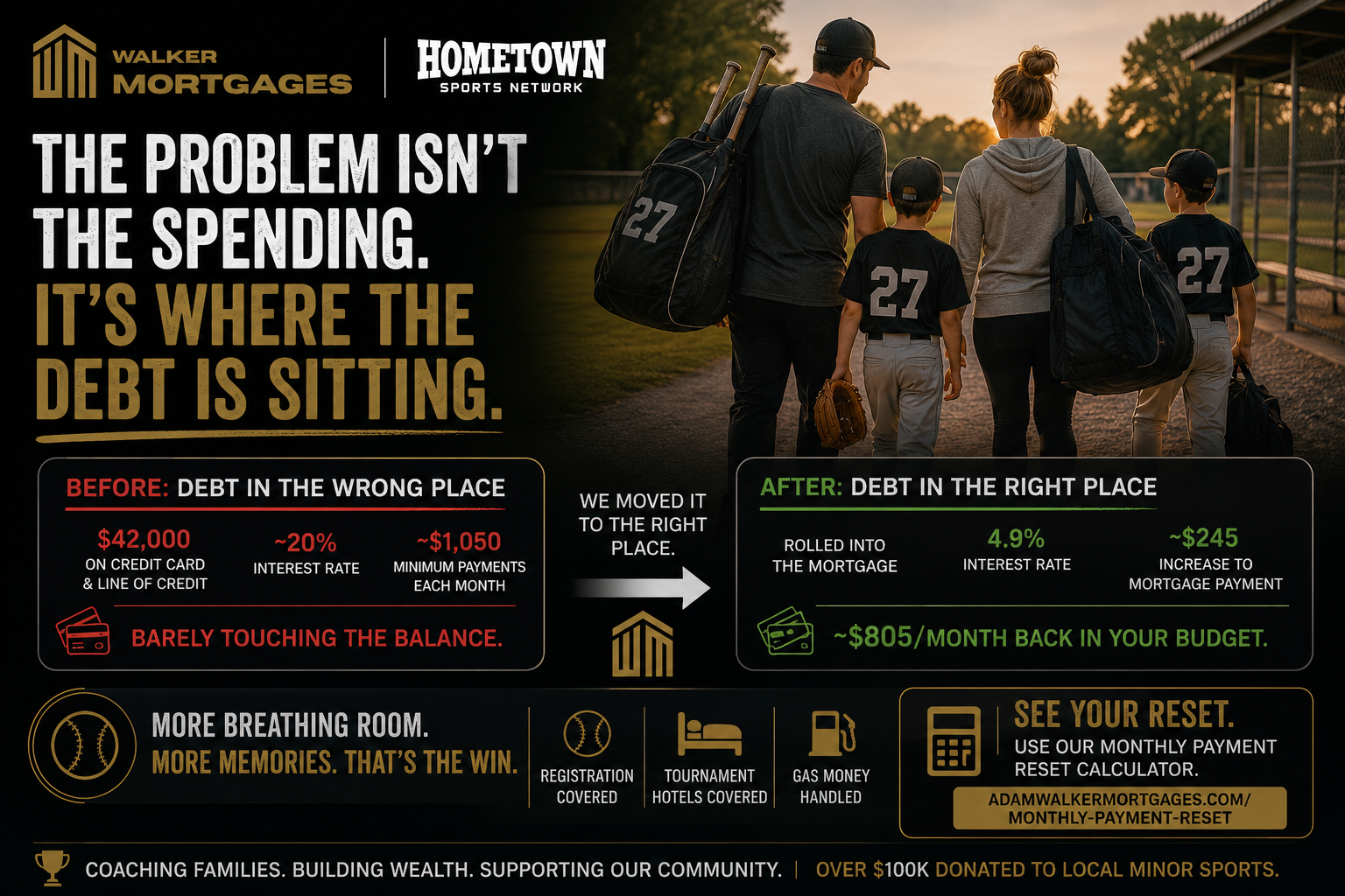 Composite move-up family loading baseball gear into a bigger family home