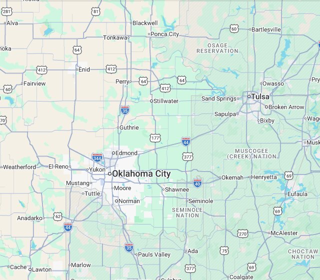 Okie Plumbing and Utilities service area map covering Payne County and Central Oklahoma