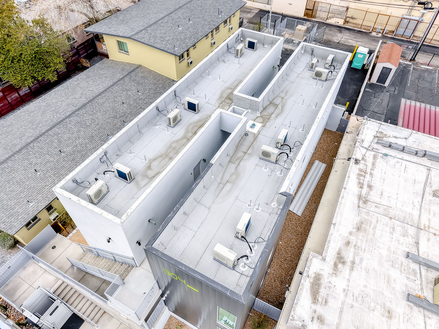 Aerial view of the building and rooftop
