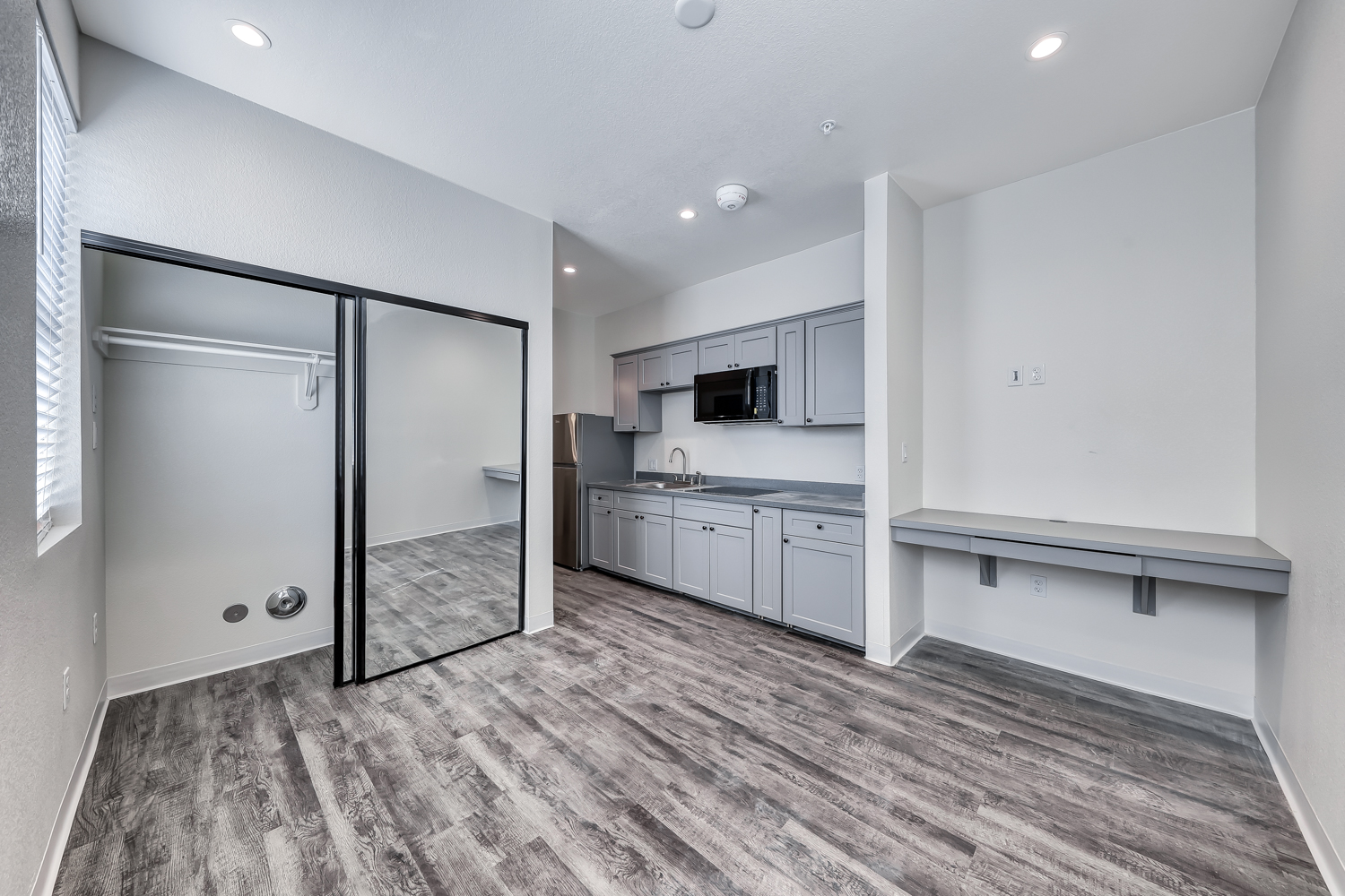 Studio interior with kitchen and closet