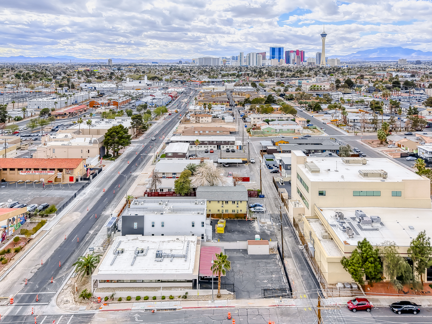 Aerial view looking toward The STRAT and downtown
