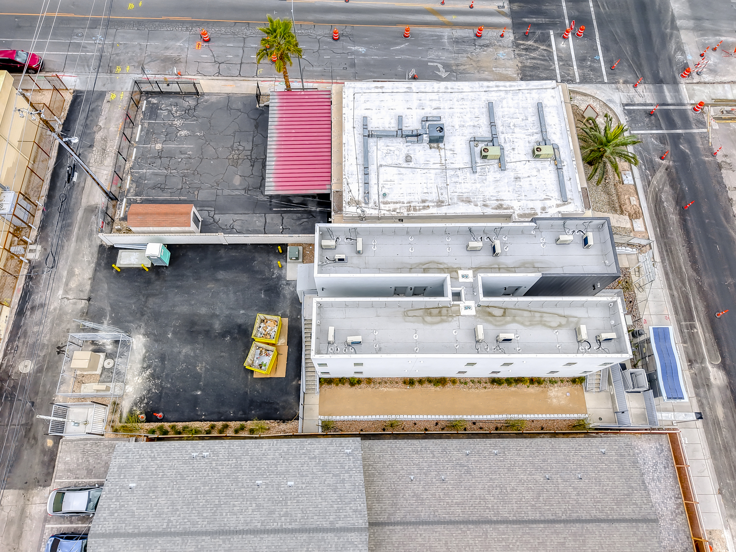 Overhead aerial of the building and parking lot