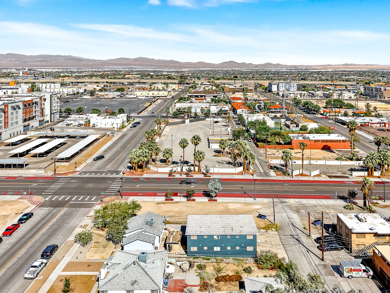 Aerial view of property and surrounding downtown blocks