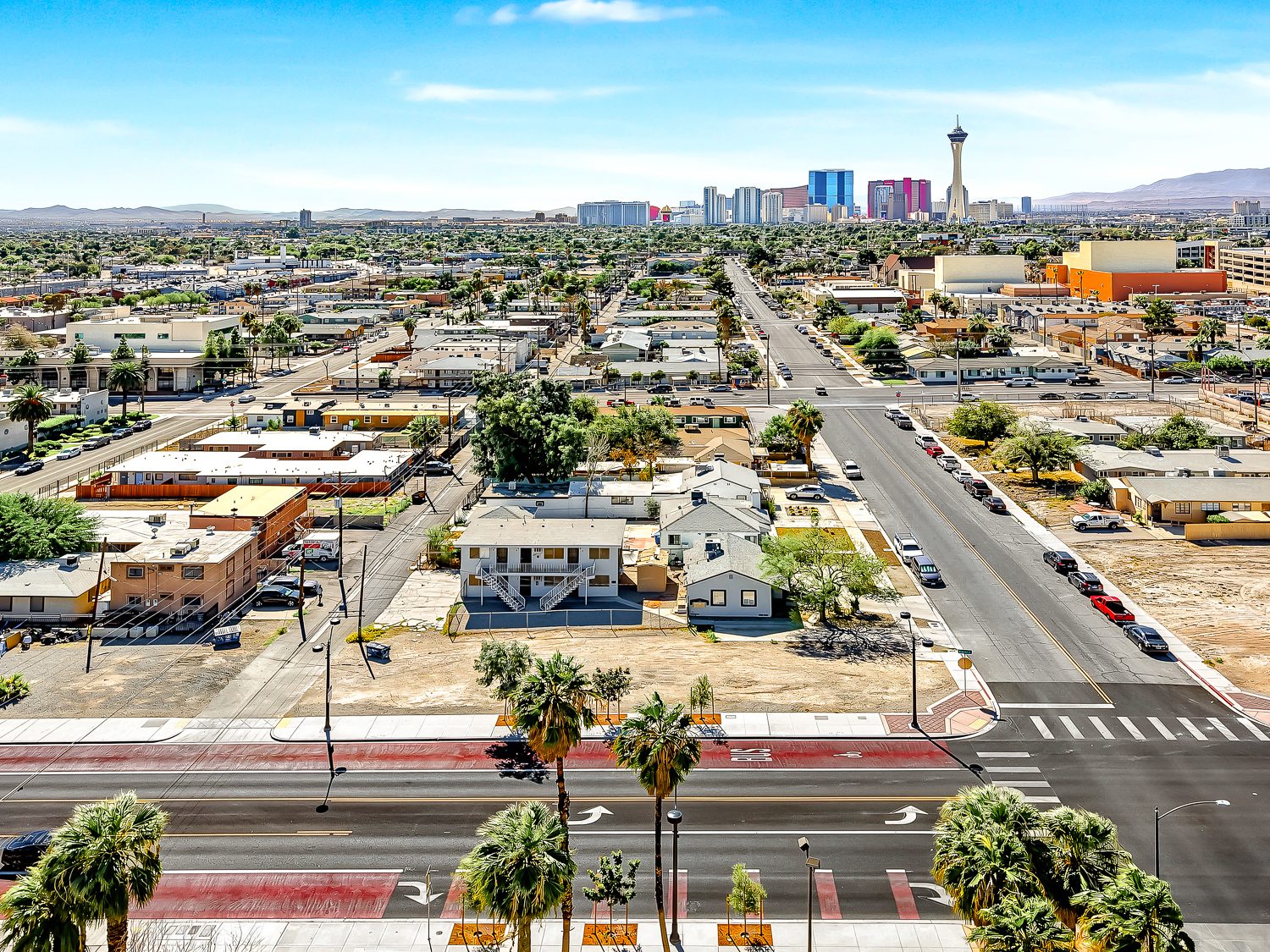 Aerial view toward the downtown Las Vegas skyline