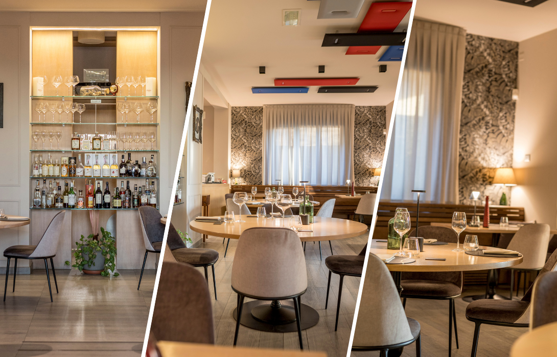 Tre scorci degli ambienti del Ristorante Convivio, con la sala e i tavoli apparecchiati