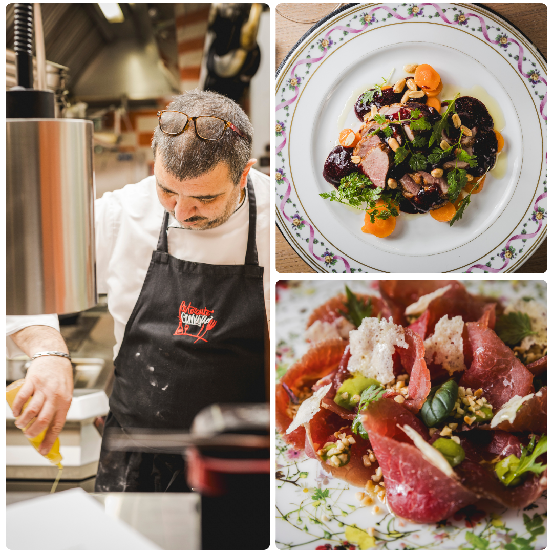 Chef Valerio al lavoro e due piatti della cucina del Convivio