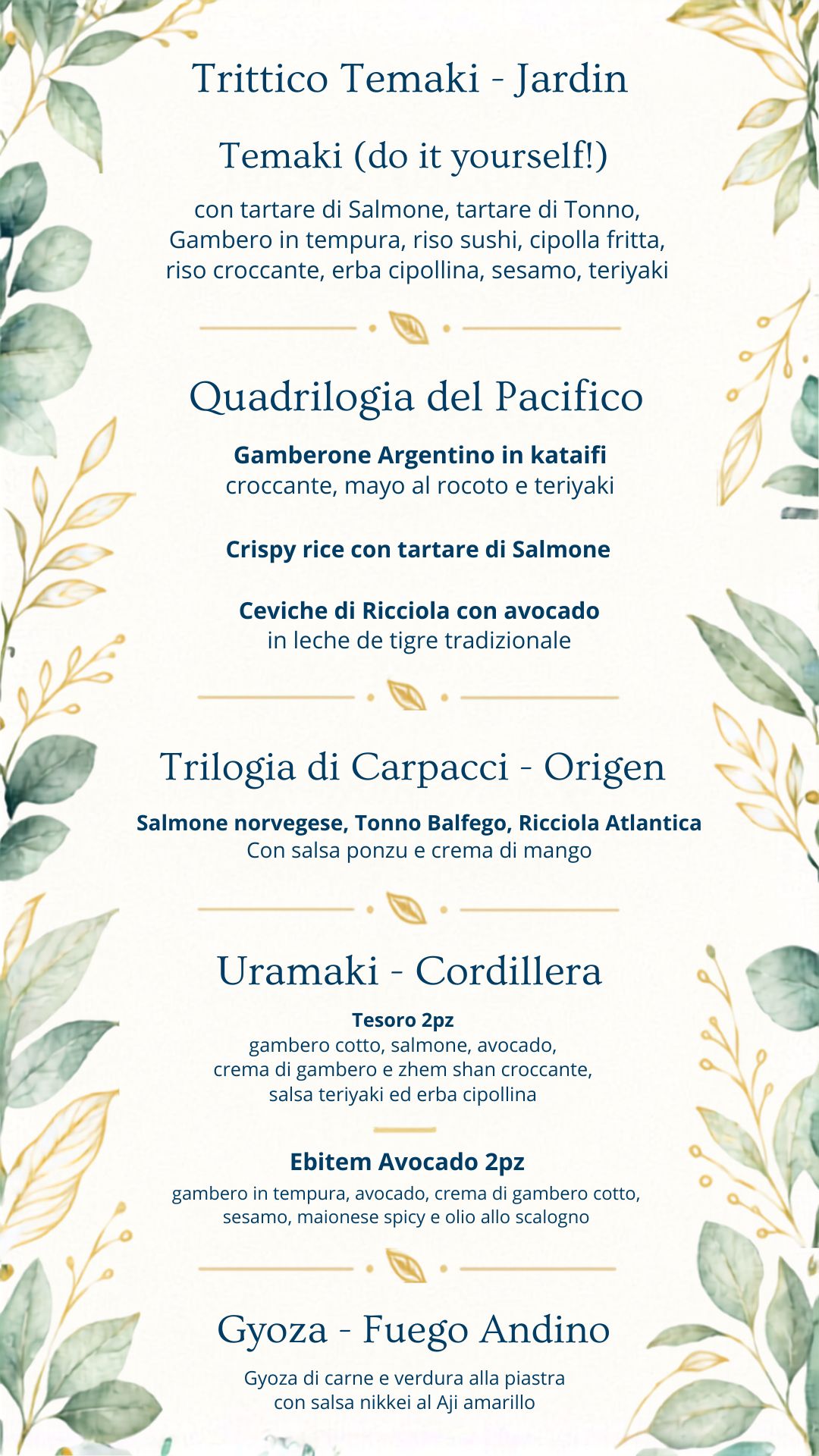 Menu completo del percorso fusion Botanic in sette specialità
