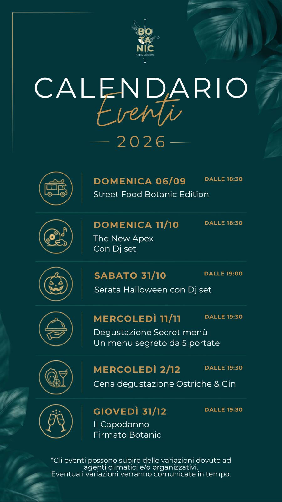 Calendario eventi Botanic 2026