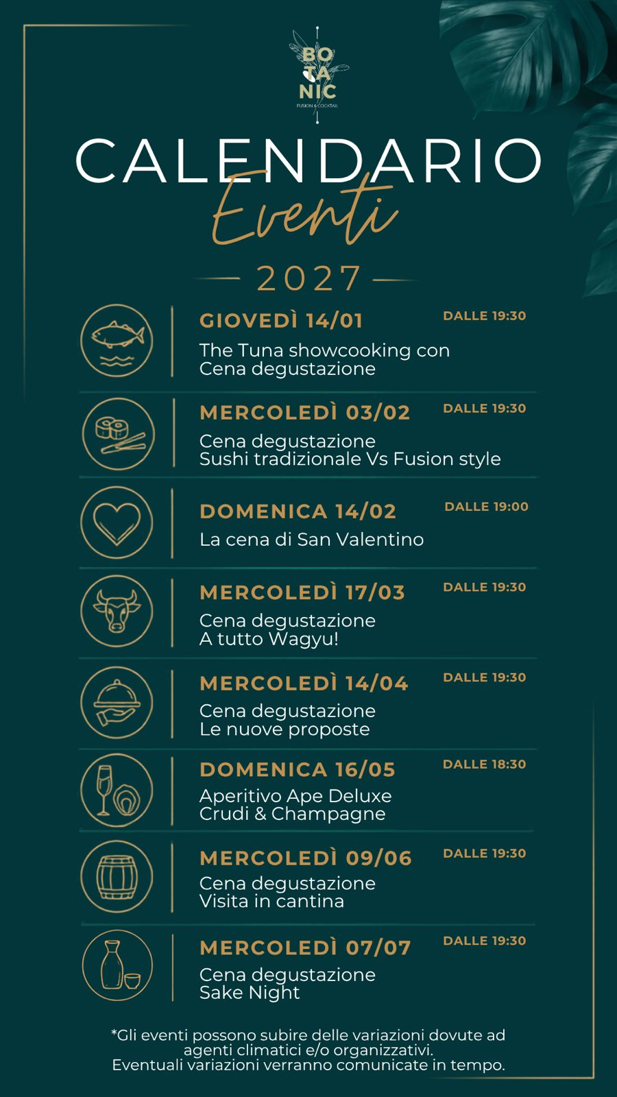 Calendario eventi Botanic 2027
