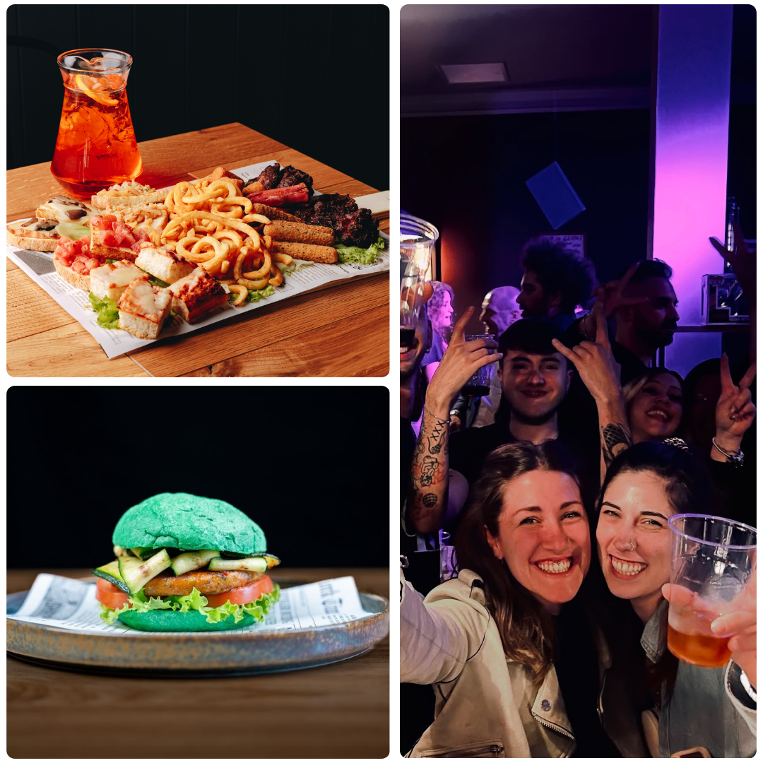 Piatti, drink e persone che festeggiano da Sottosopra