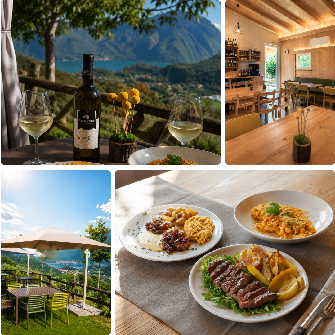Tavola apparecchiata all’aperto e panorama sul lago