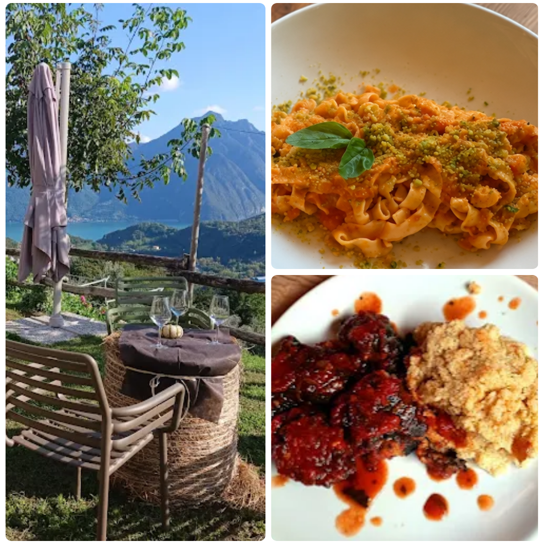 Piatti della cucina e tavolo affacciato sulle montagne e sul lago