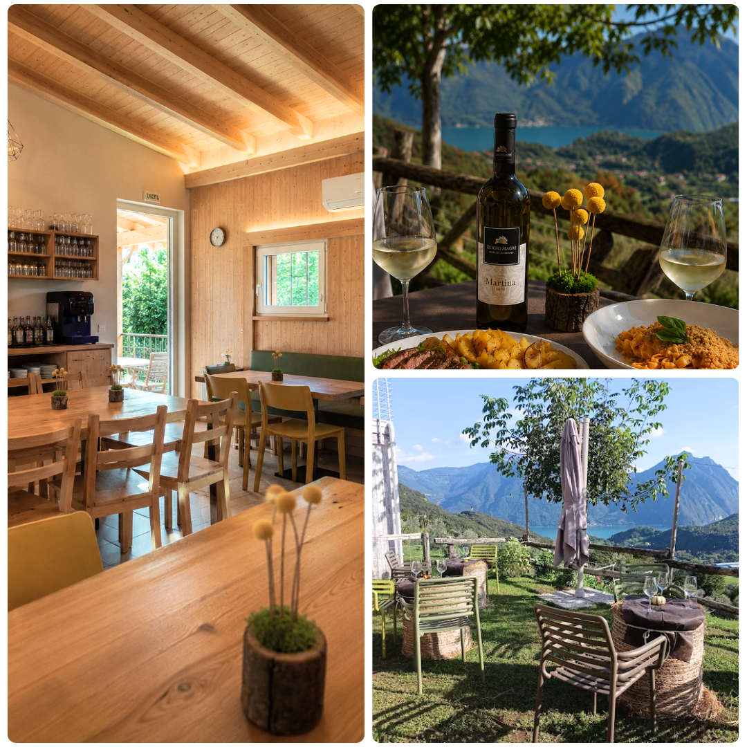 Sala in legno, piatti e giardino panoramico dell’Azienda Agricola Fior di Ciliegio