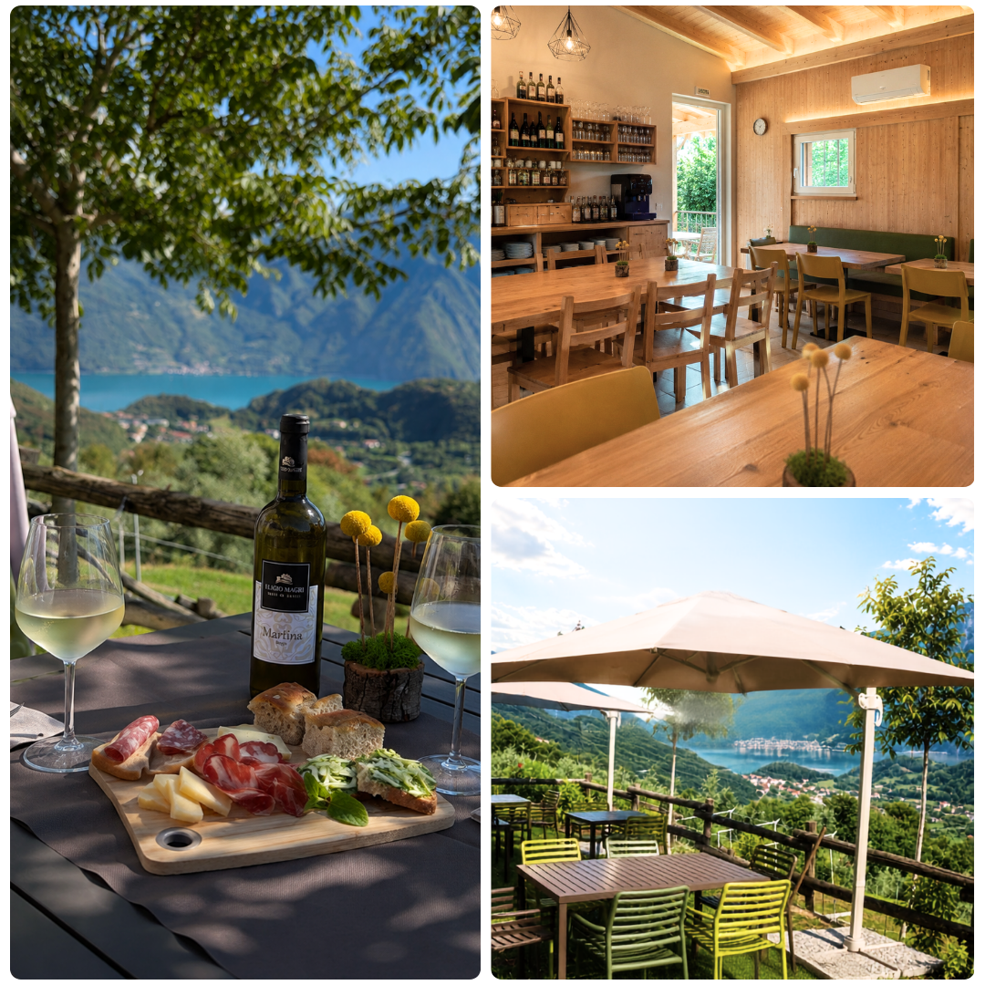 Tagliere e vino sulla terrazza panoramica, sala e vista sul lago