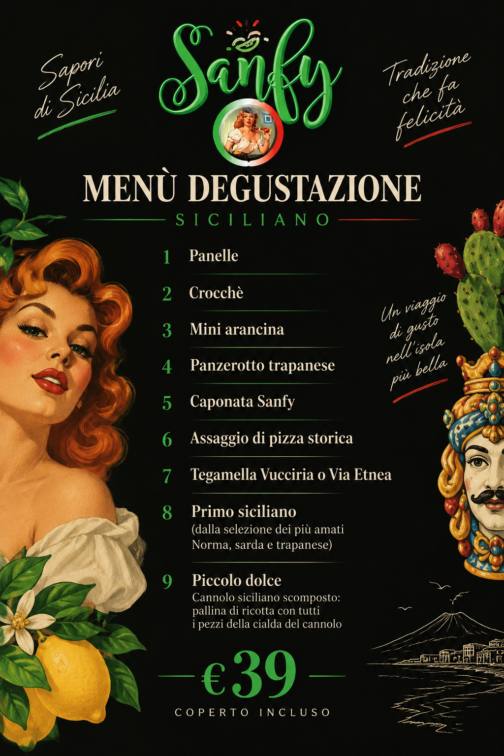 Menu degustazione siciliano Sanfy Experience con le 9 tappe e il prezzo di 39 euro
