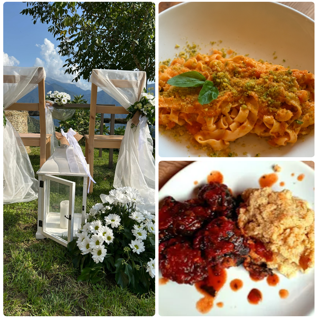 Allestimento nel verde, prodotti dell’orto e piatti della cucina
