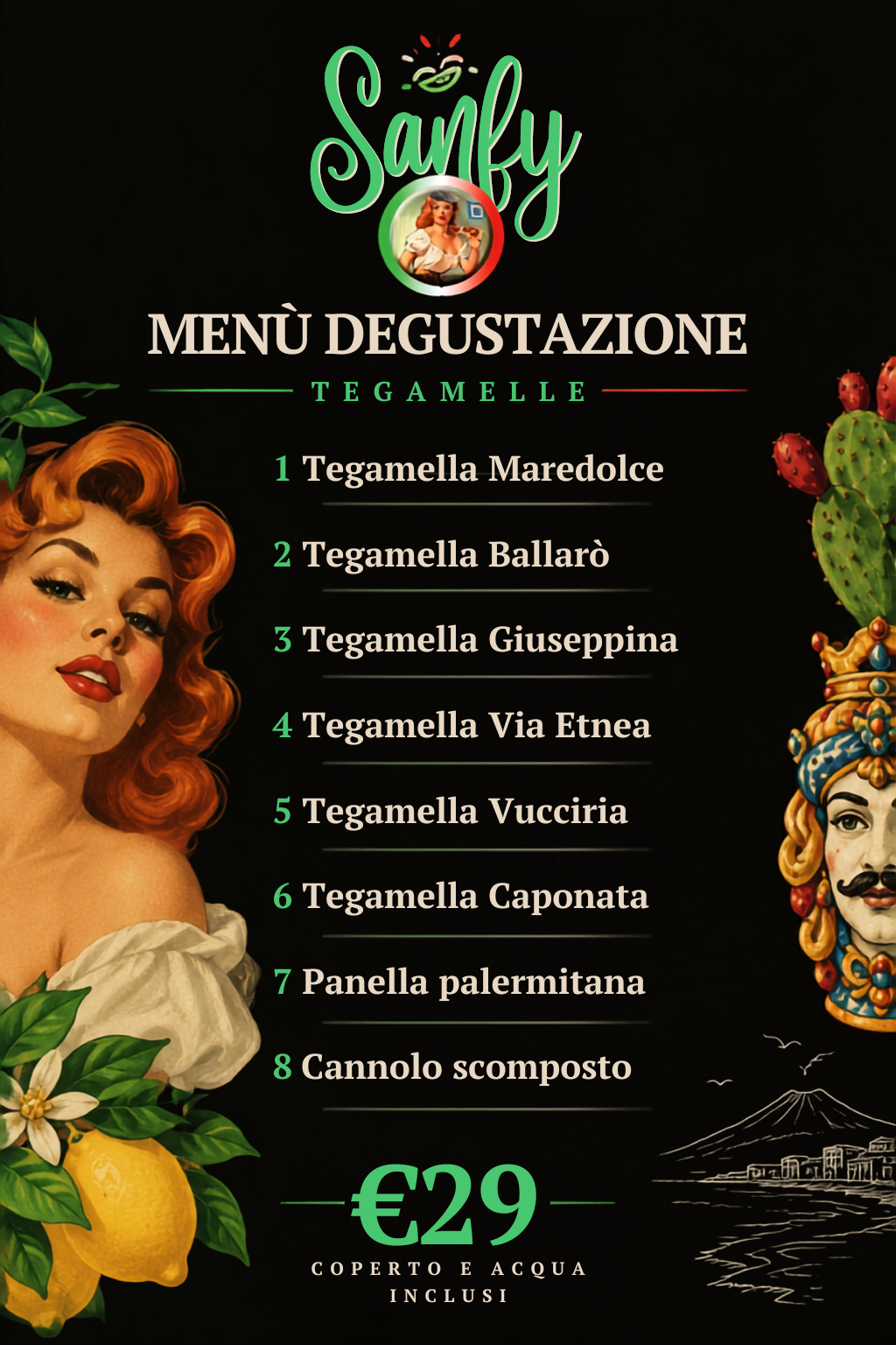 Menu degustazione Tegamelle Sanfy con sei Tegamelle, Panella palermitana, Cannolo scomposto e prezzo di 29 euro