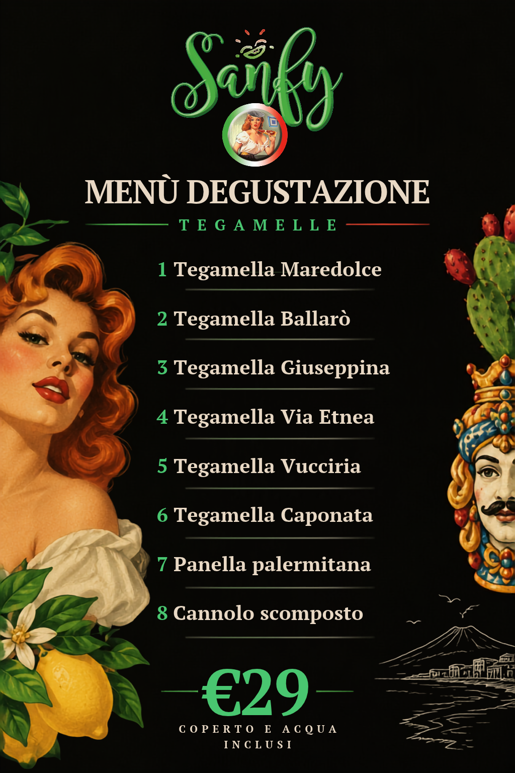 Menu degustazione Tegamelle Sanfy con sei Tegamelle, Panella palermitana, Cannolo scomposto e prezzo di 29 euro