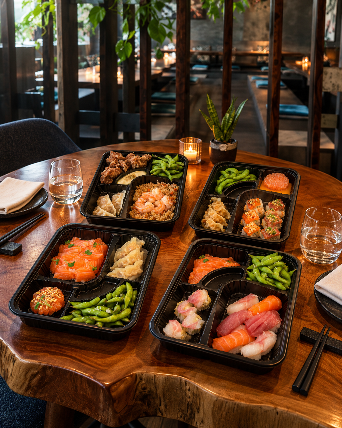 Le quattro Lunch Box MU Fish su un tavolo al ristorante