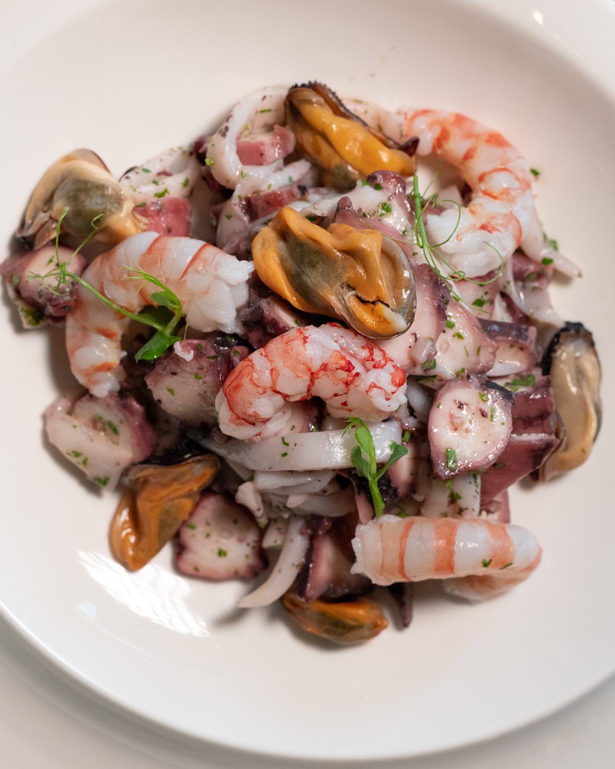Un piatto di mare con gamberi, polpo e molluschi