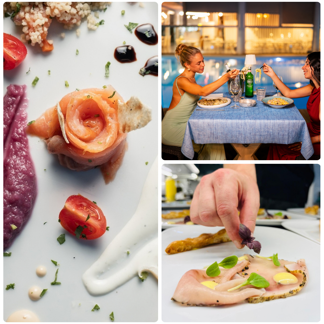 Piatti di pesce fresco, una cena a bordo piscina e la preparazione in cucina da Acquapazza