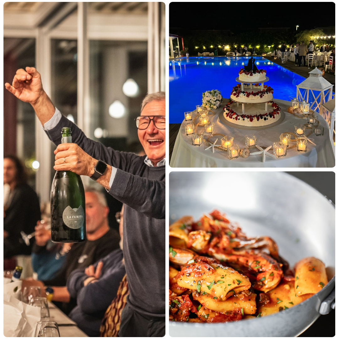 Un brindisi di festa, una torta a bordo piscina e un piatto della cucina di Acquapazza