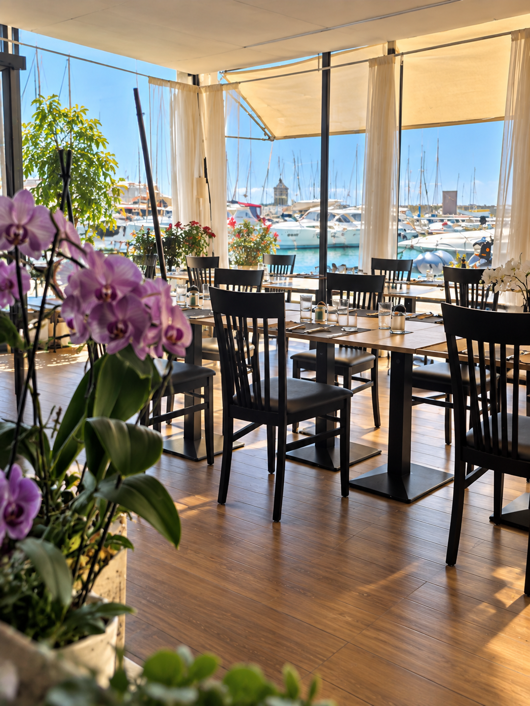 La sala del ristorante La Polena affacciata sul porto di Lavagna