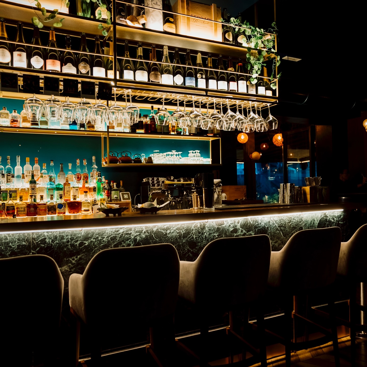 Il bancone del cocktail bar di Botanic Fusion con bottiglie e sgabelli