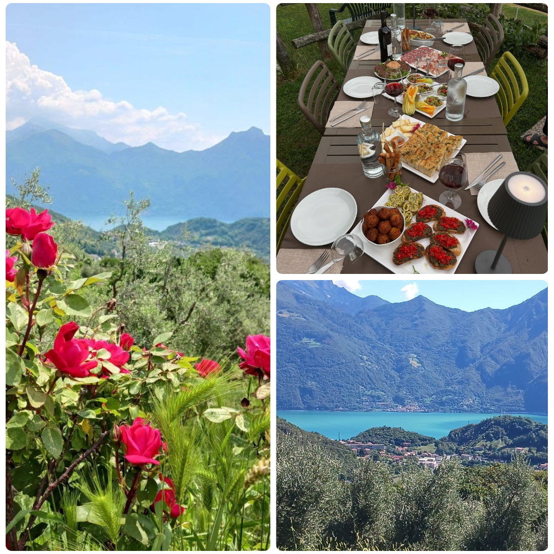 Il panorama sul Lago d’Iseo e la valle, con una tavola apparecchiata all’aperto all’agriturismo