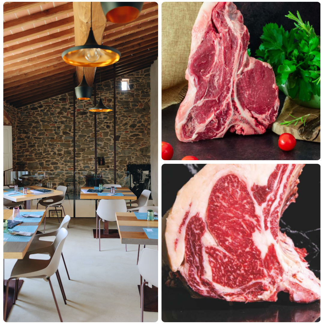 La sala dell’osteria con pareti in pietra e travi a vista, accanto a due tagli di carne con l’osso.