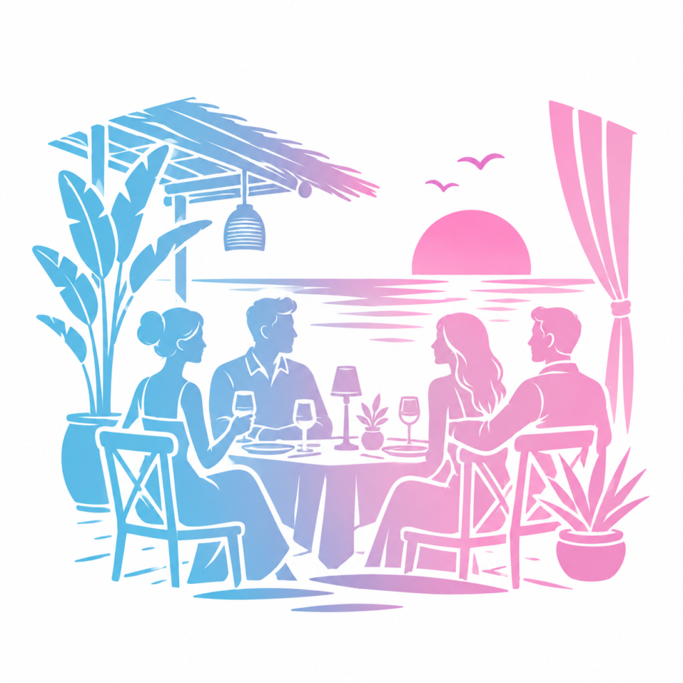 Illustrazione di una cena in compagnia sul mare al tramonto