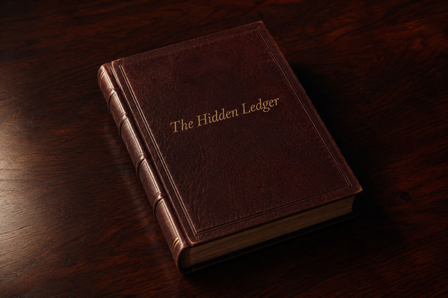 The Hidden Ledger, leather bound book on a cherrywood desk