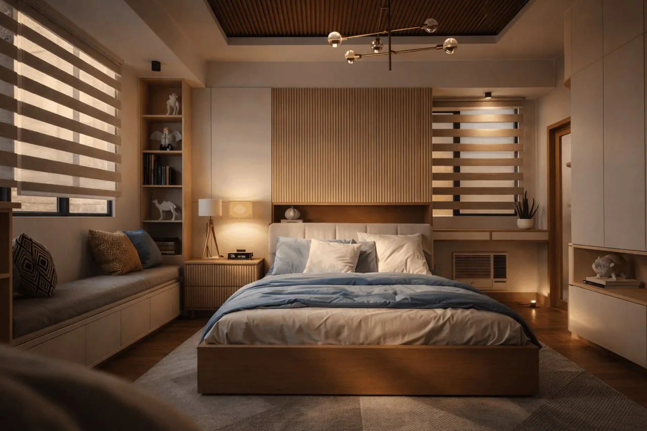 Bedroom with deep green accent wall and gallery art
