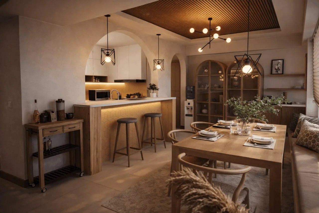 Kitchen island with arch pass-through and geometric pendant lights