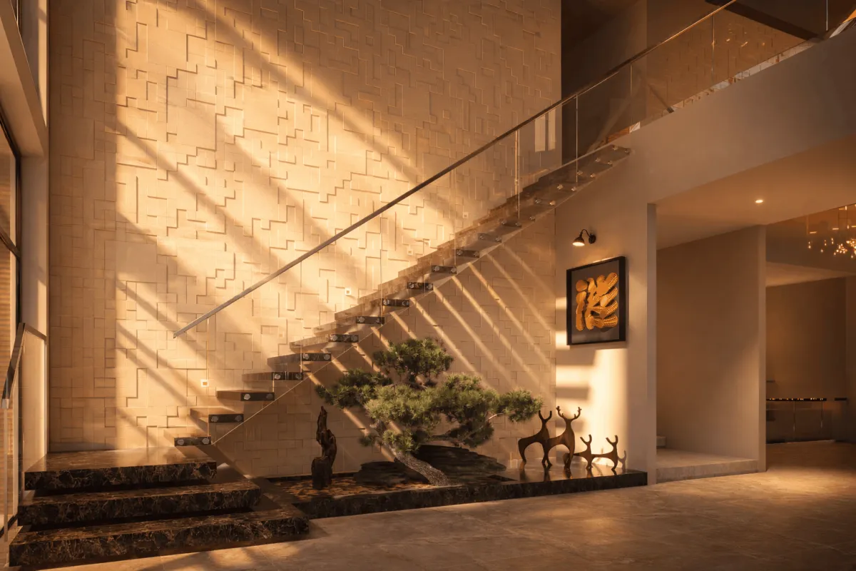 Floating staircase with textured feature wall