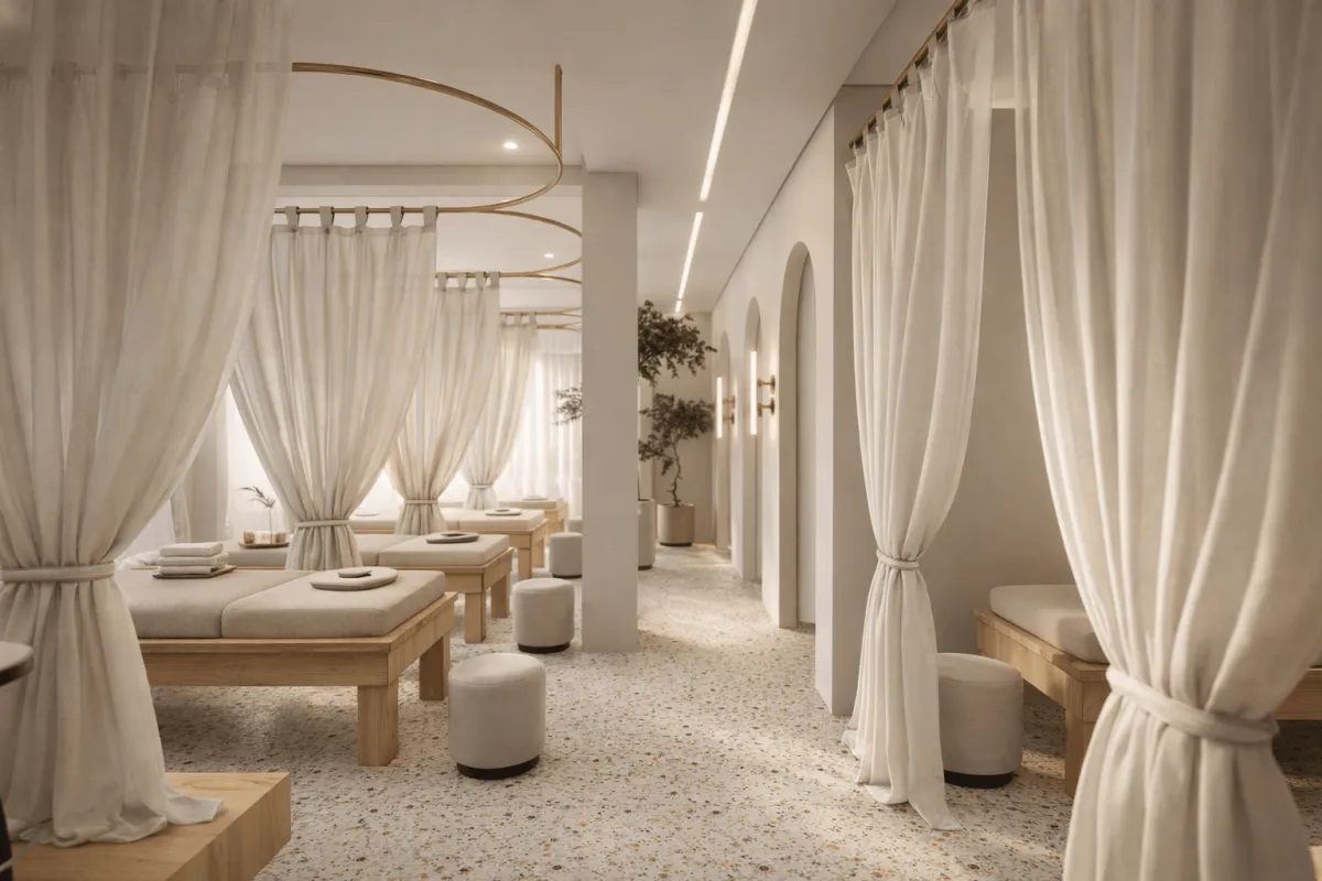 Treatment hallway with gold curtain rails and arch niches