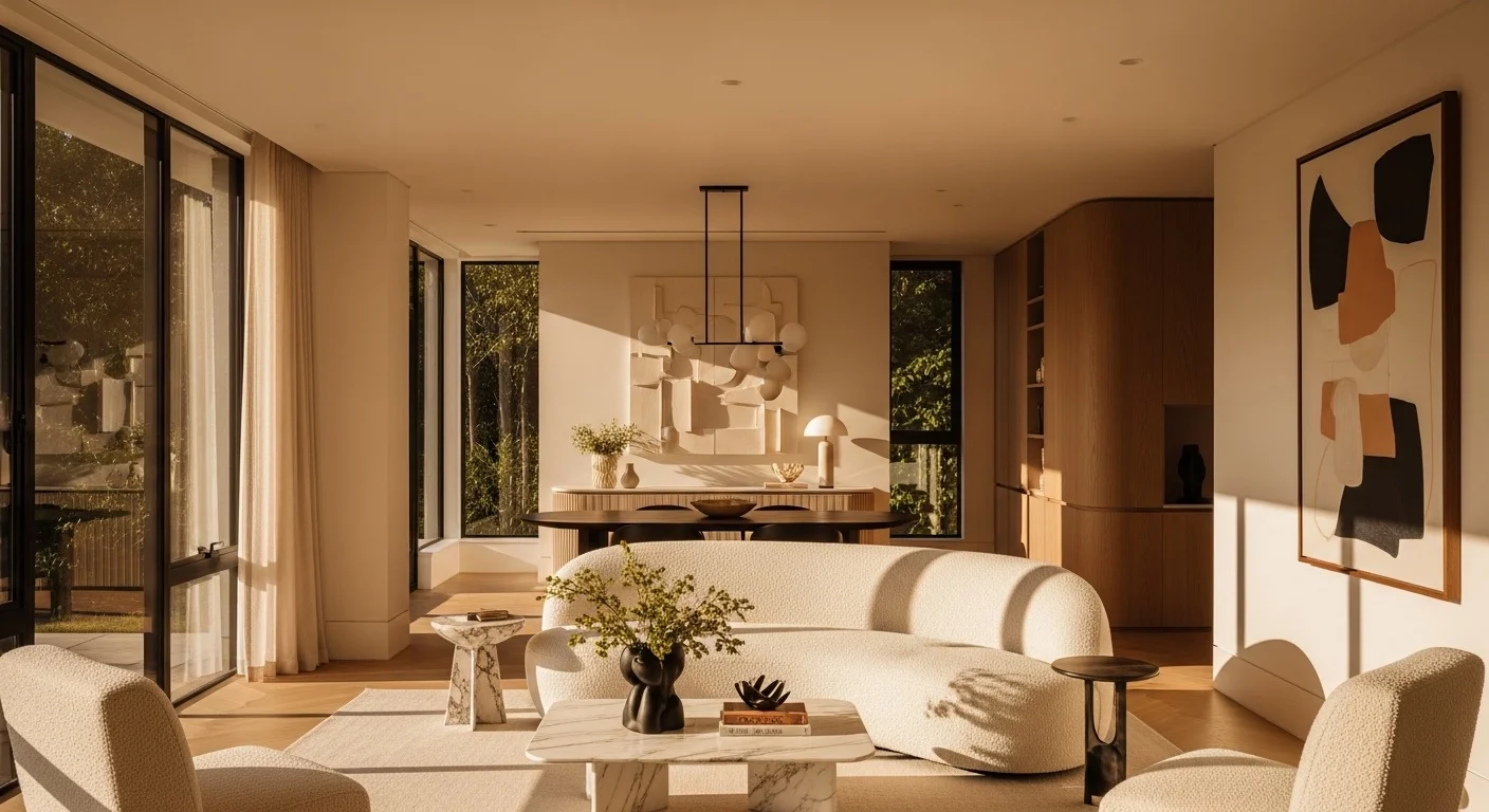 Elegant modern living room with cream sofa and natural light
