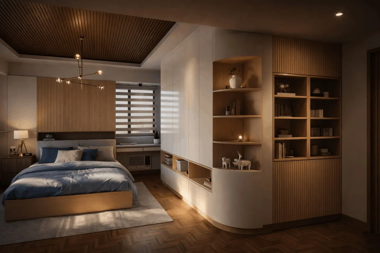 Master bedroom with wood slat headboard wall and herringbone floor